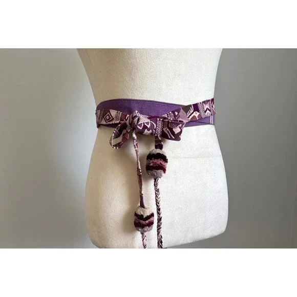 Woven‎ Fabric Belt Sash Aztec Geometric Purple Boho Hippie Pom Pom Tie Belt - Picture 5 of 9